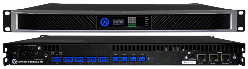 LEA CS164D, 4 Channel x 160 W @ 4ohm, 8ohm, 70V and 100V per channel. Dante Connect