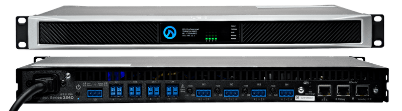 LEA CS354D, 4 Channel x 350 W @ 4ohm, 8ohm, 70V and 100V per channel. Dante Connect