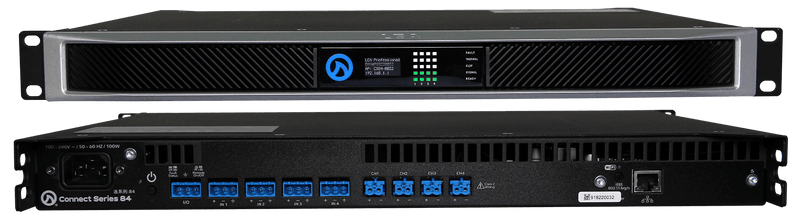 LEA CS84, 4 Channel x 80 W @ 4ohm, 8ohm, 70V and 100V per channel.